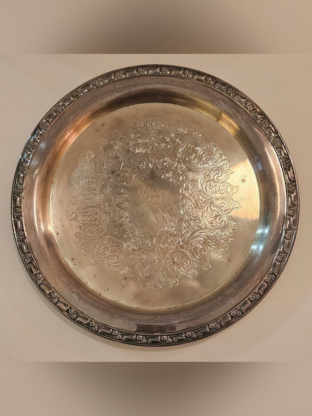 Engraved Silver Plated Round Floral Tray 13 in Anniversary Serving Platter